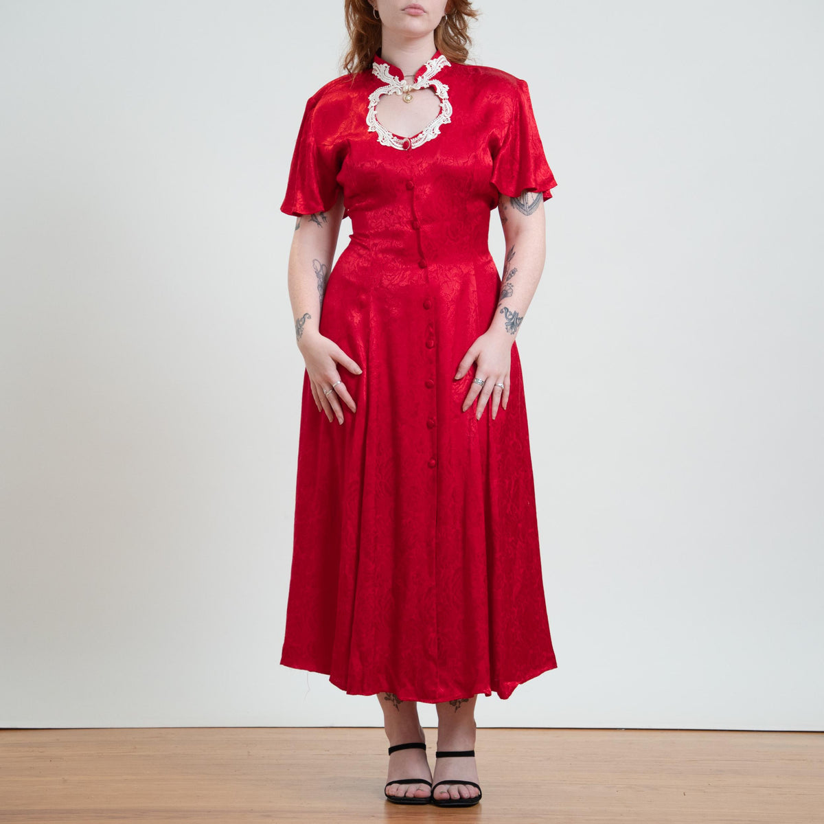 Vintage 90s Does Victorian Red Rose Jacquard Maxi Dress - Medium to Large | Frederick's Of Hollywood Brocade Satin Keyhole Dress
