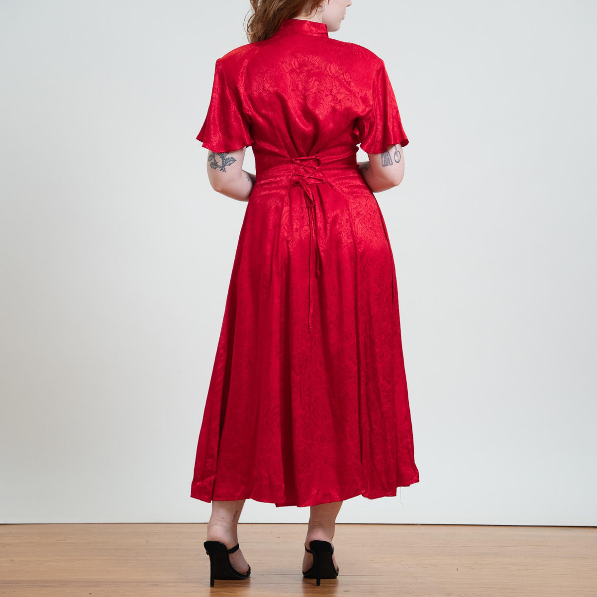 Vintage 90s Does Victorian Red Rose Jacquard Maxi Dress - Medium to Large | Frederick's Of Hollywood Brocade Satin Keyhole Dress
