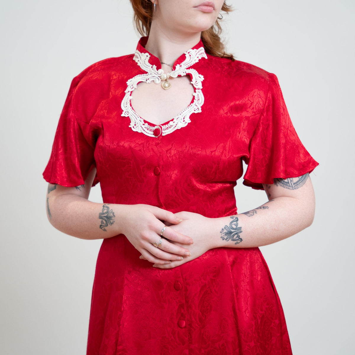 Vintage 90s Does Victorian Red Rose Jacquard Maxi Dress - Medium to Large | Frederick's Of Hollywood Brocade Satin Keyhole Dress