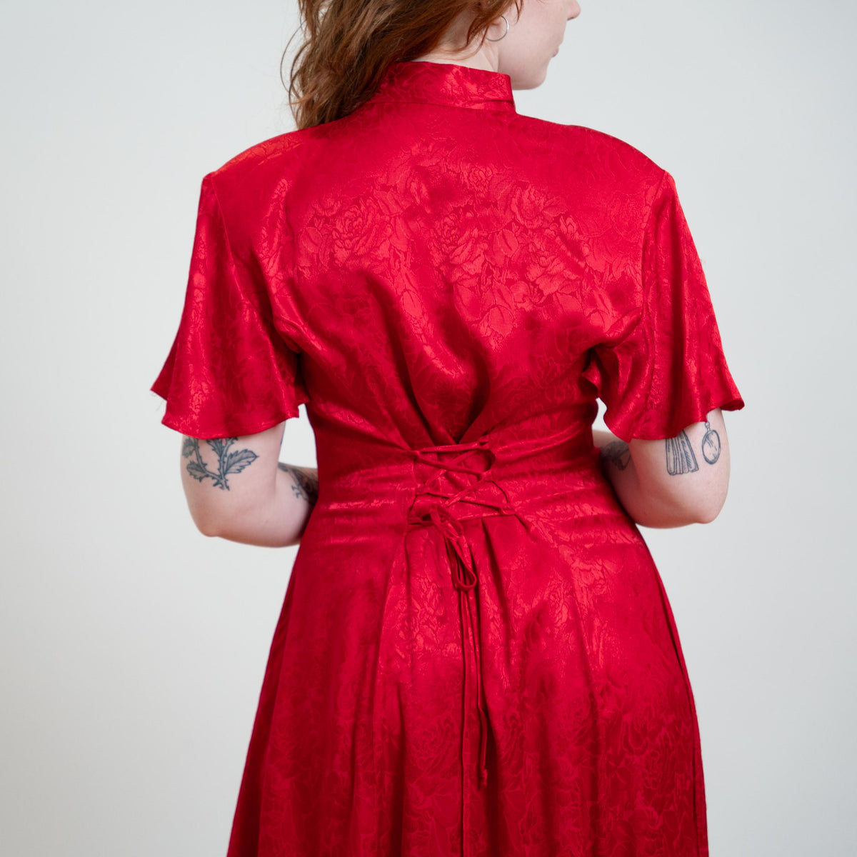 Vintage 90s Does Victorian Red Rose Jacquard Maxi Dress - Medium to Large | Frederick's Of Hollywood Brocade Satin Keyhole Dress