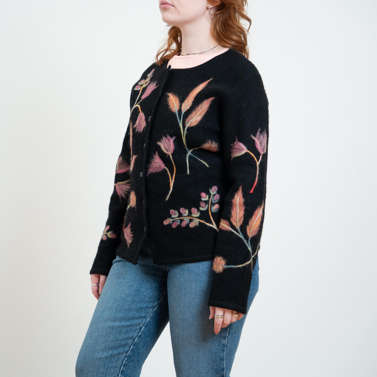 Vintage Y2K Black Wispy Floral Embroidered Cardigan - Medium | Susan Bristol Boho Wool Button Up Sweater