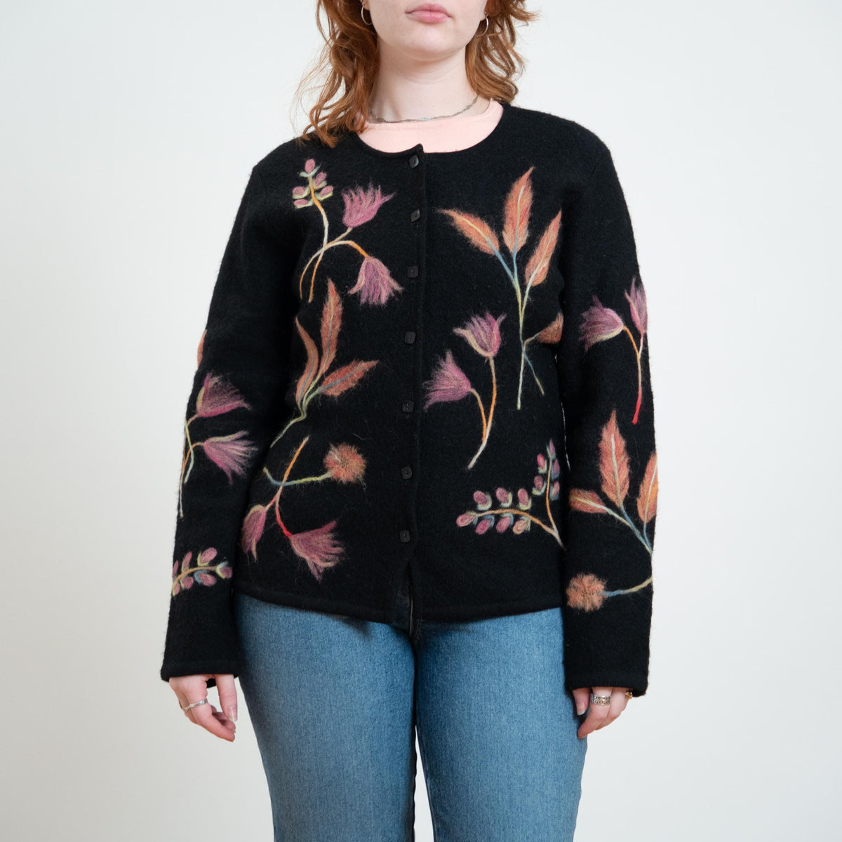 Vintage Y2K Black Wispy Floral Embroidered Cardigan - Medium | Susan Bristol Boho Wool Button Up Sweater