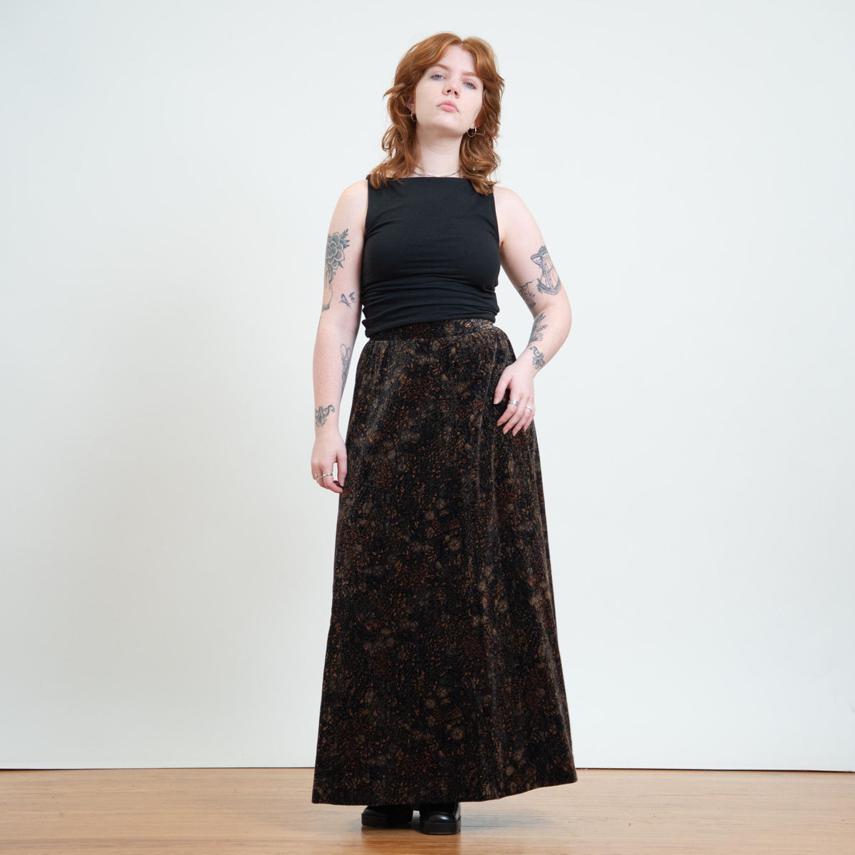 Vintage 70s Dark Floral Velvet Maxi Skirt - Medium, 30" Waist | Boho High Waisted A Line Hostess Skirt