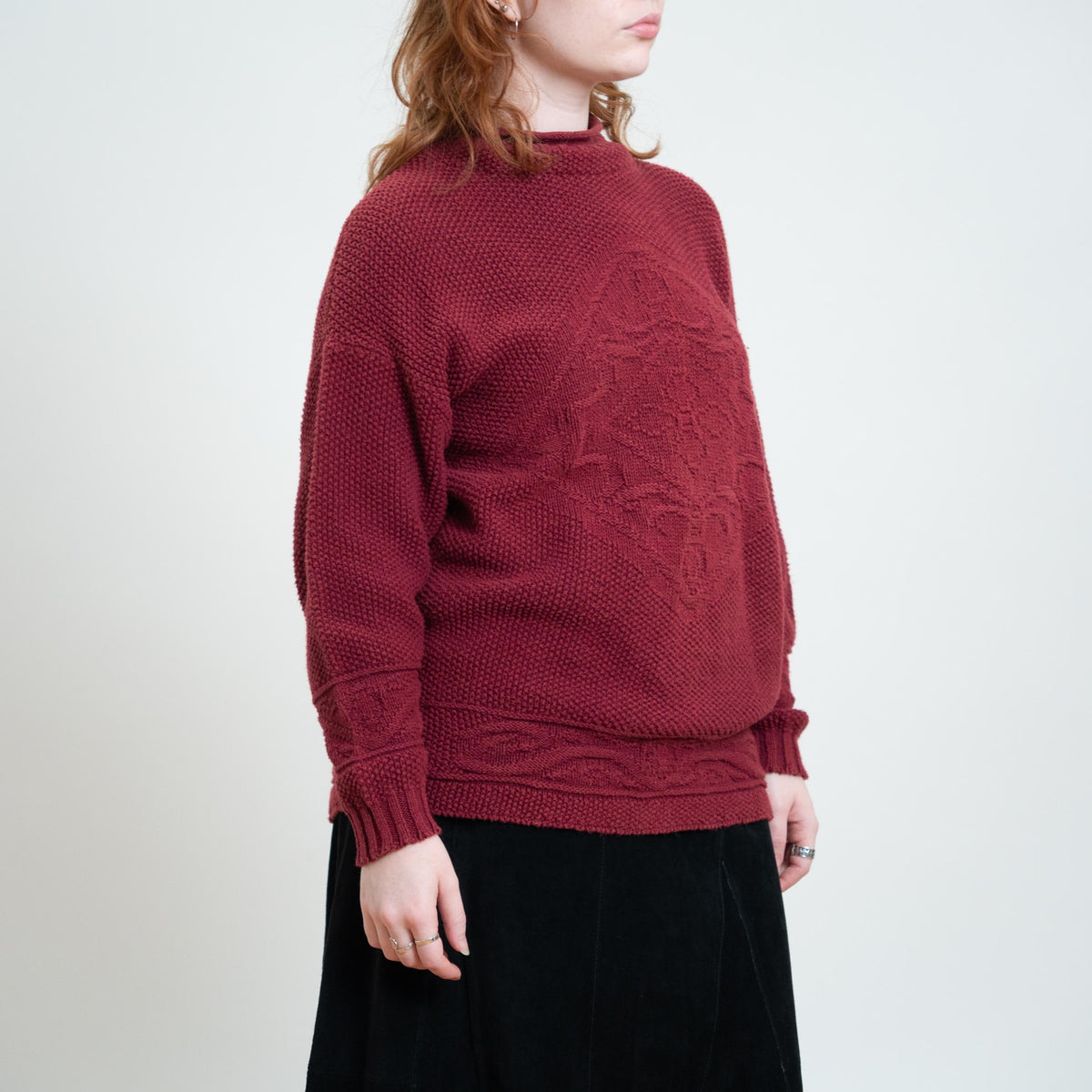 Vintage 90s Wine Red Cotton Roll Neck Sweater - Medium | Chunky Cable Knit Pullover