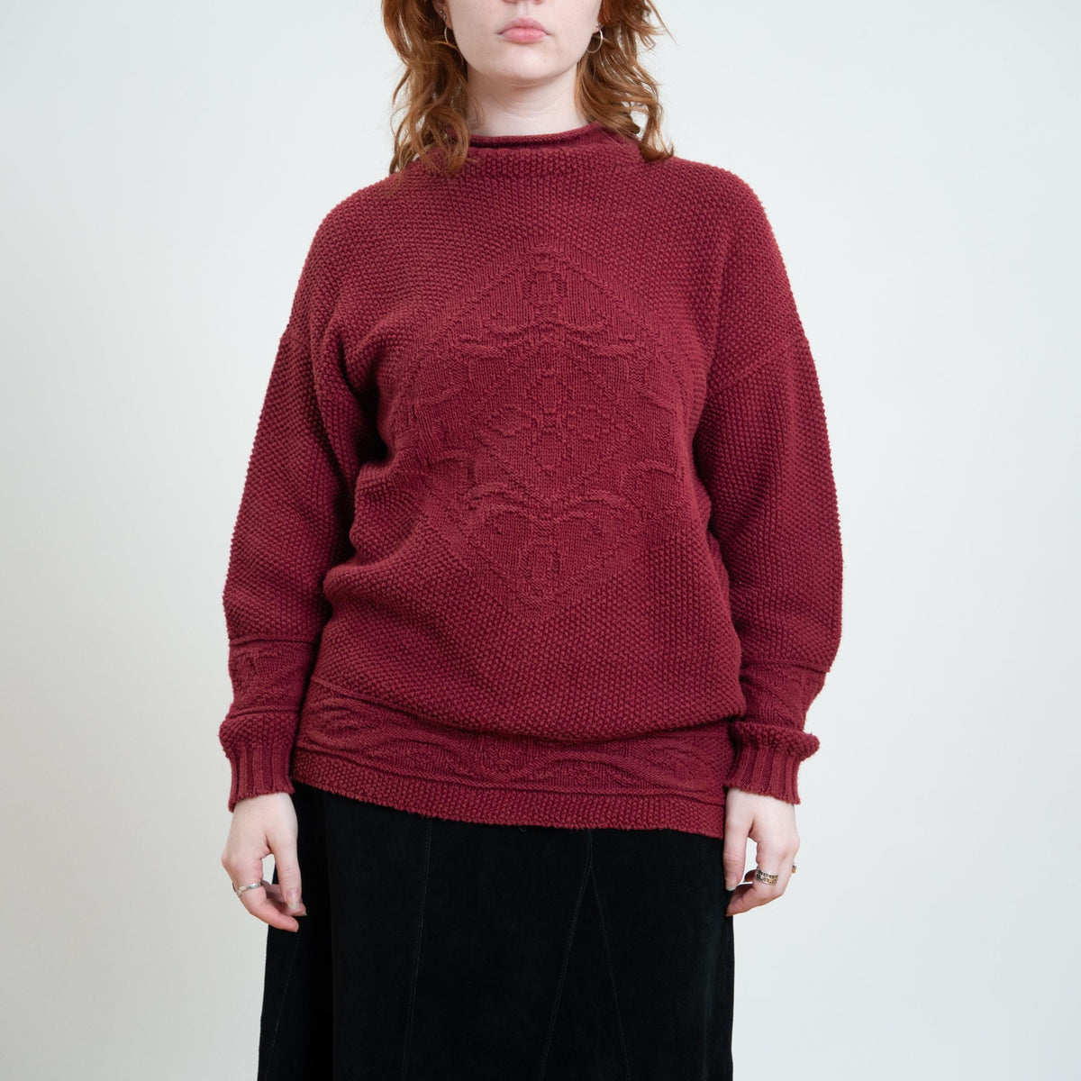 Vintage 90s Wine Red Cotton Roll Neck Sweater - Medium | Chunky Cable Knit Pullover