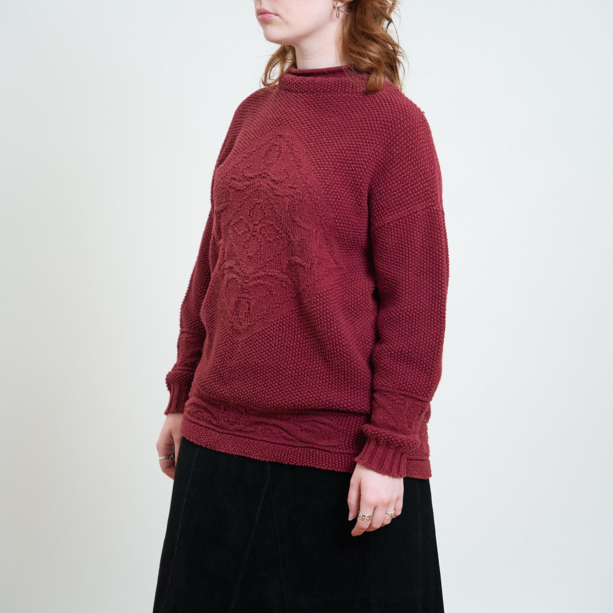 Vintage 90s Wine Red Cotton Roll Neck Sweater - Medium | Chunky Cable Knit Pullover