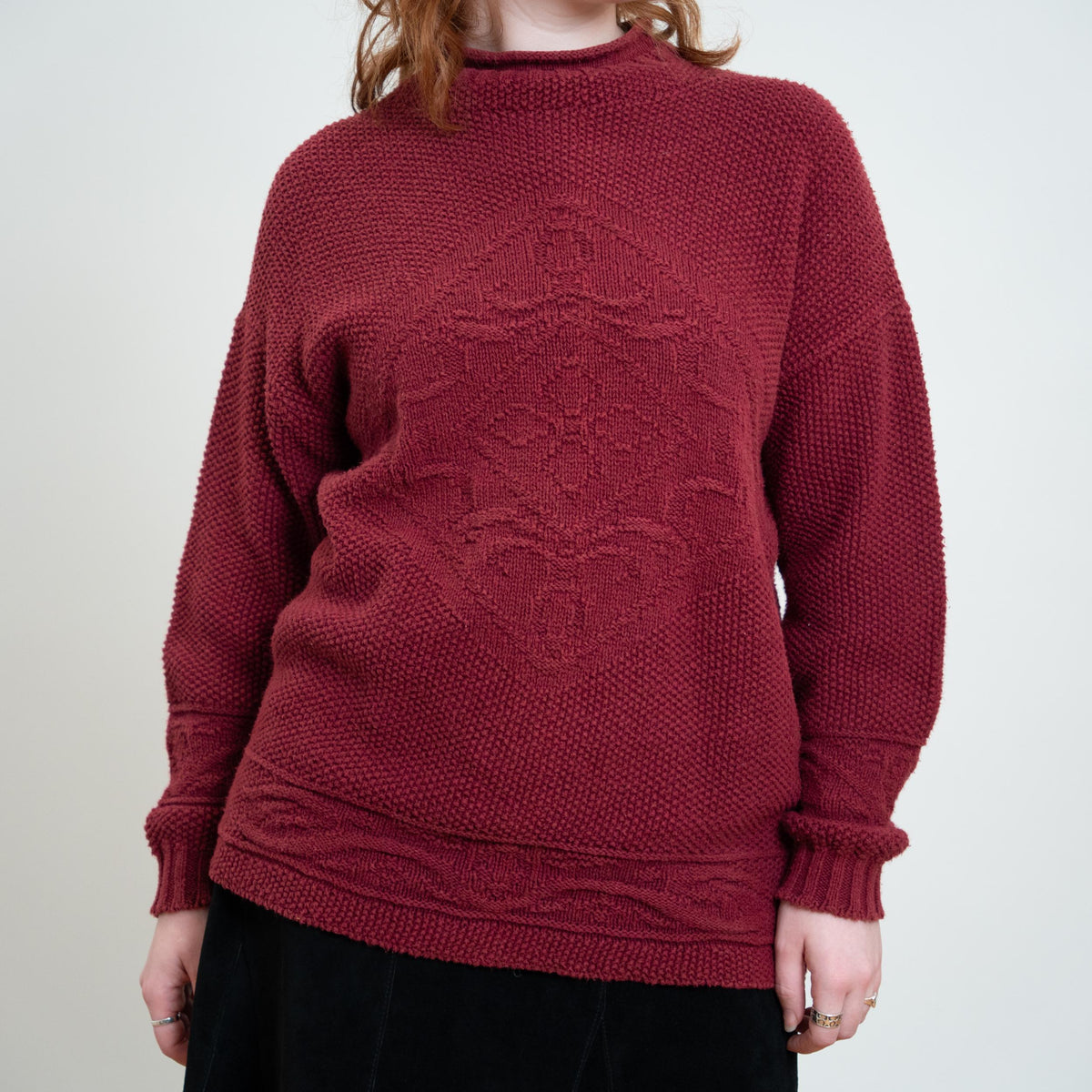 Vintage 90s Wine Red Cotton Roll Neck Sweater - Medium | Chunky Cable Knit Pullover