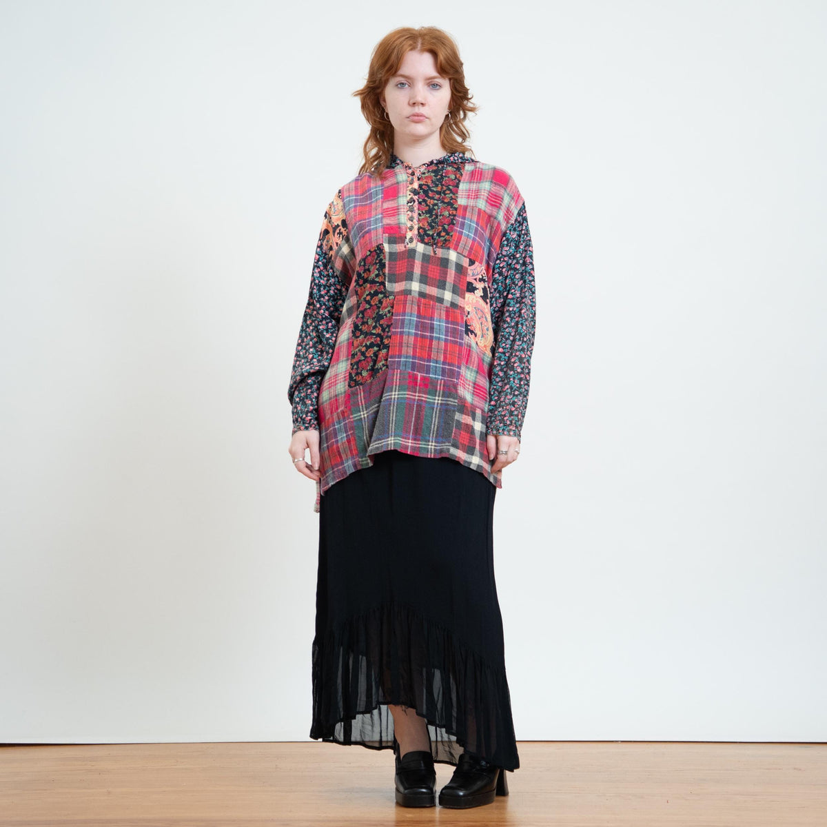 Vintage 90s Pink Flannel & Floral Patchwork Hoodie - Large | Grunge Long Sleeve Hooded Top