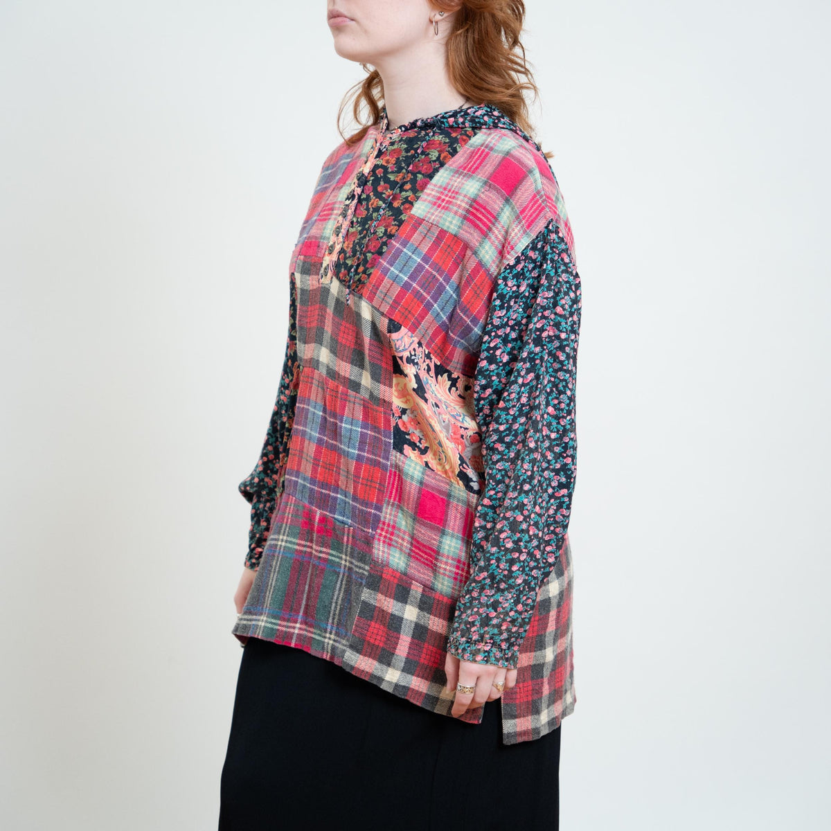 Vintage 90s Pink Flannel & Floral Patchwork Hoodie - Large | Grunge Long Sleeve Hooded Top