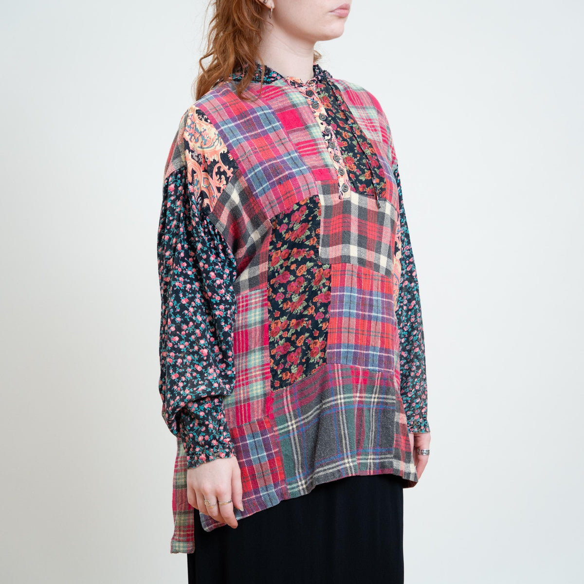 Vintage 90s Pink Flannel & Floral Patchwork Hoodie - Large | Grunge Long Sleeve Hooded Top