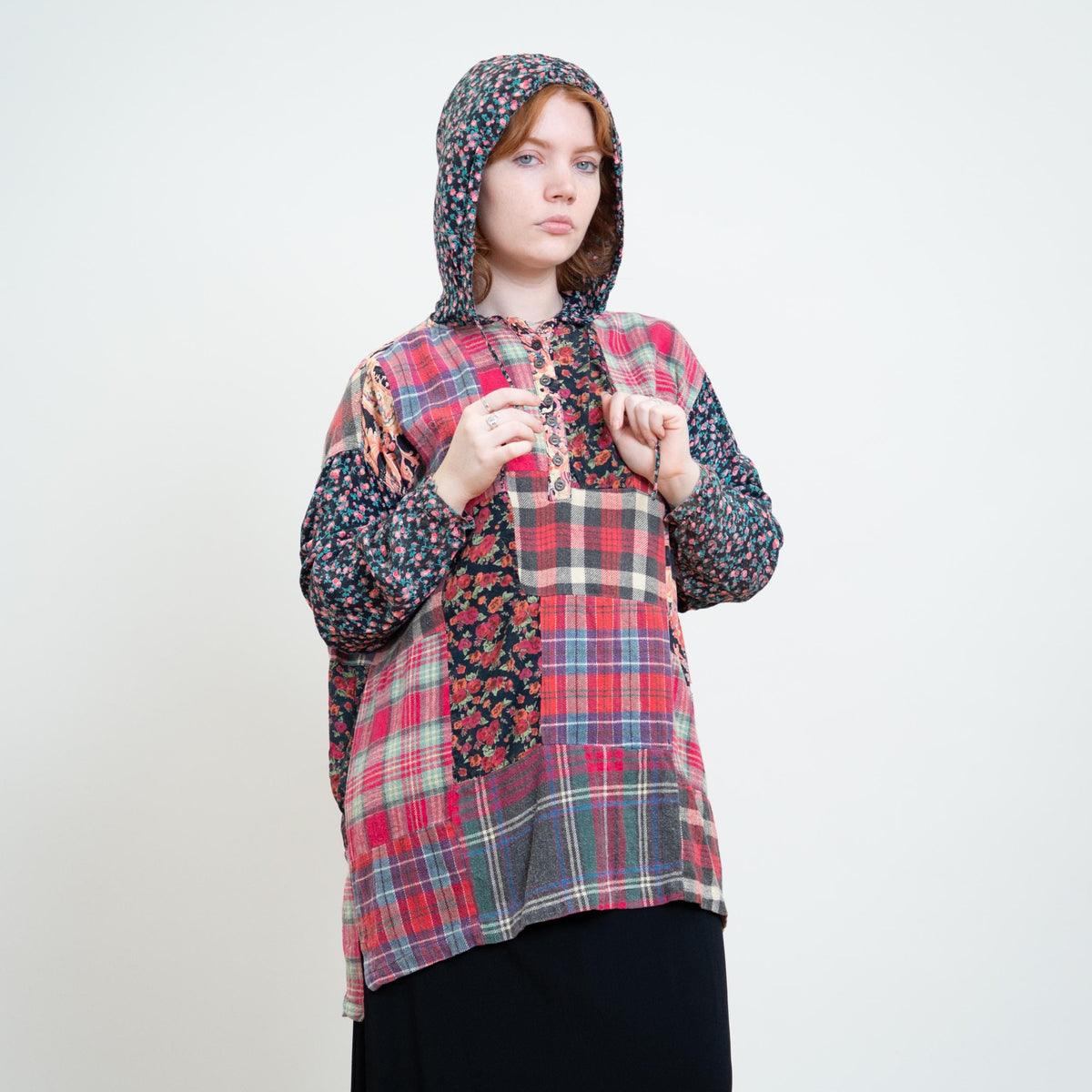 Vintage 90s Pink Flannel & Floral Patchwork Hoodie - Large | Grunge Long Sleeve Hooded Top
