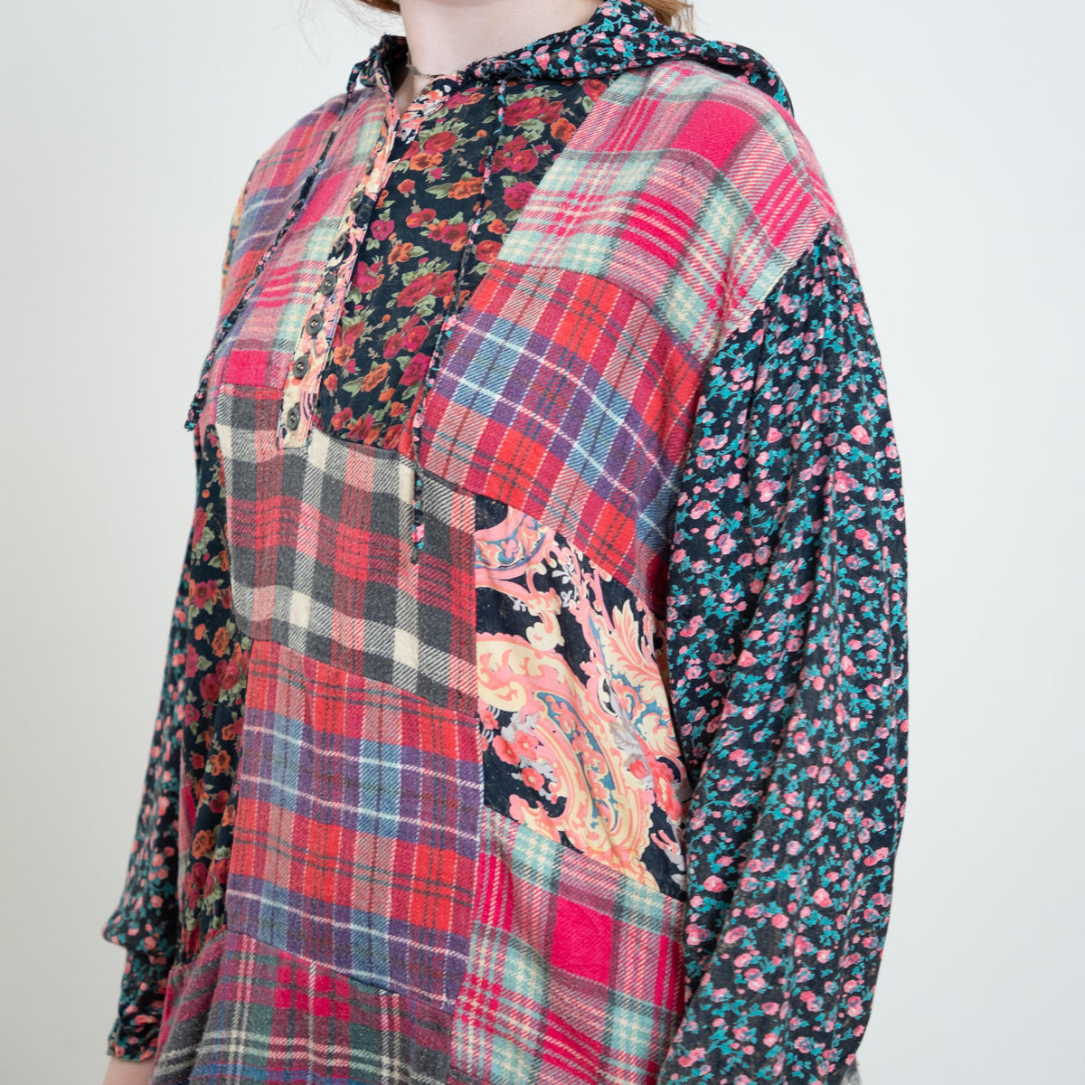Vintage 90s Pink Flannel & Floral Patchwork Hoodie - Large | Grunge Long Sleeve Hooded Top