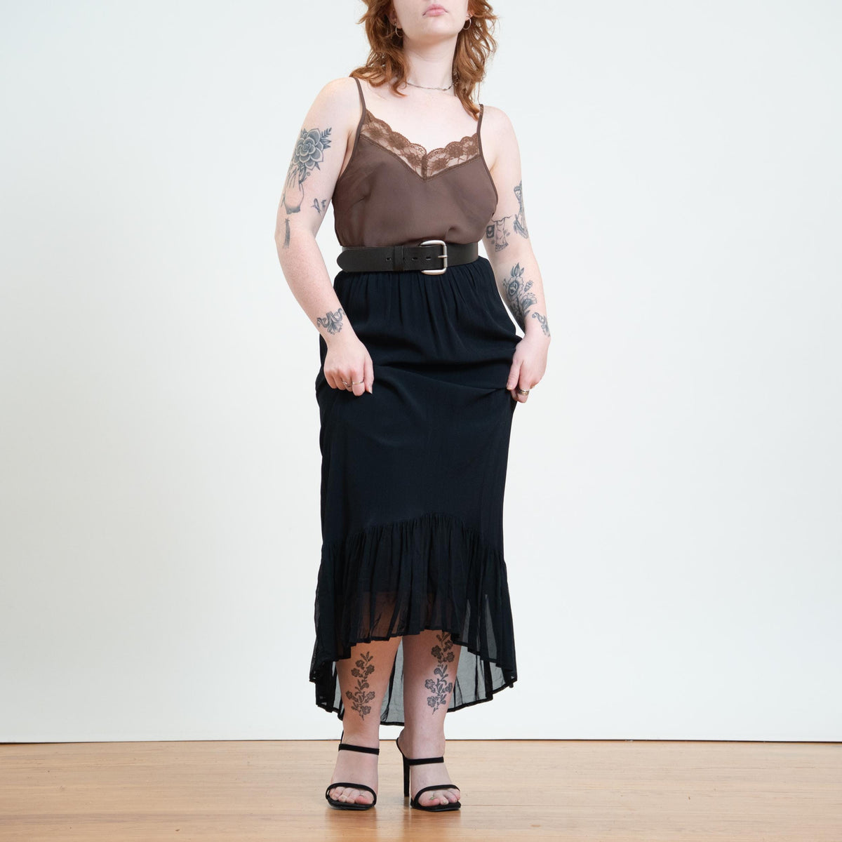 Vintage 90s Black Witchy High-Low Hem Maxi Skirt - Medium to Large | Boho Gothic Chiffon Ruffle Skirt