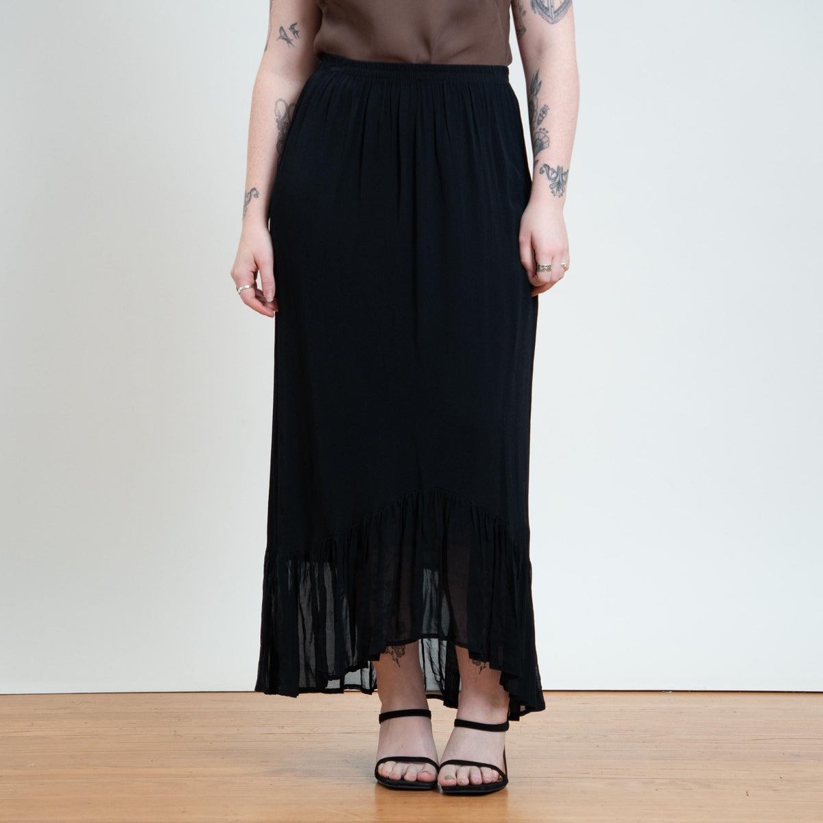 Vintage 90s Black Witchy High-Low Hem Maxi Skirt - Medium to Large | Boho Gothic Chiffon Ruffle Skirt