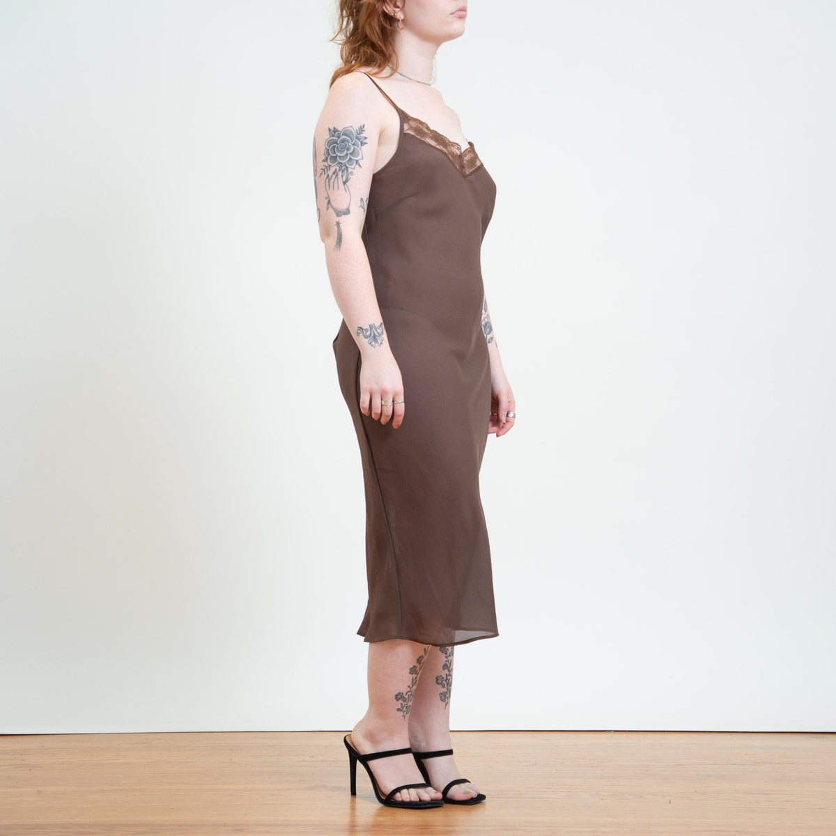 Vintage 90s Cocoa Brown Midi Slip Dress - Medium | Bias Cut Lace Bodice Lingerie