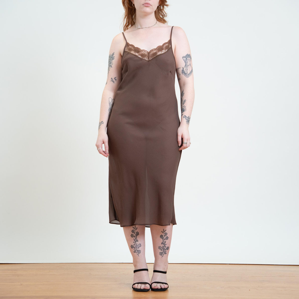 Vintage 90s Cocoa Brown Midi Slip Dress - Medium | Bias Cut Lace Bodice Lingerie