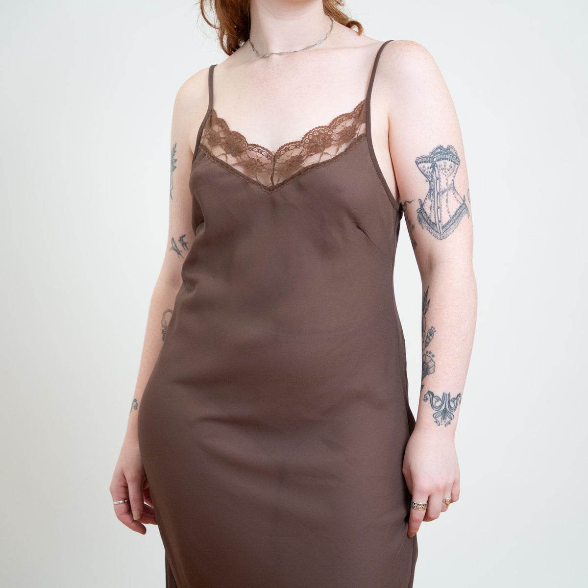 Vintage 90s Cocoa Brown Midi Slip Dress - Medium | Bias Cut Lace Bodice Lingerie