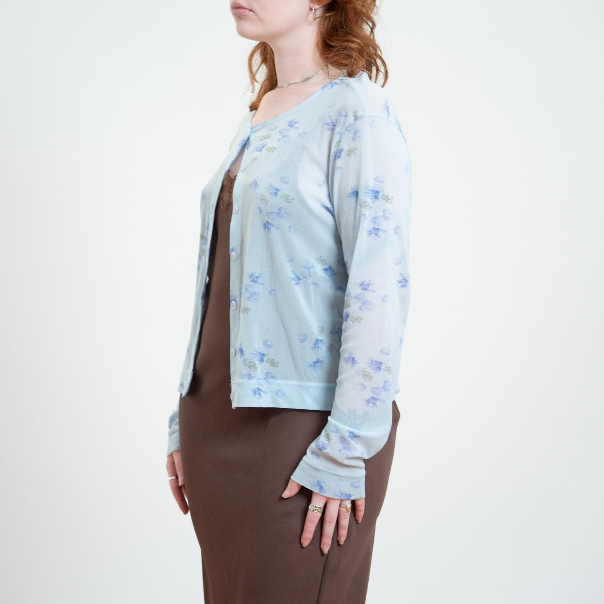 Vintage 90s Sheer Baby Blue Floral Cardigan Top - Large | Lightweight Mesh Button Up Shirt