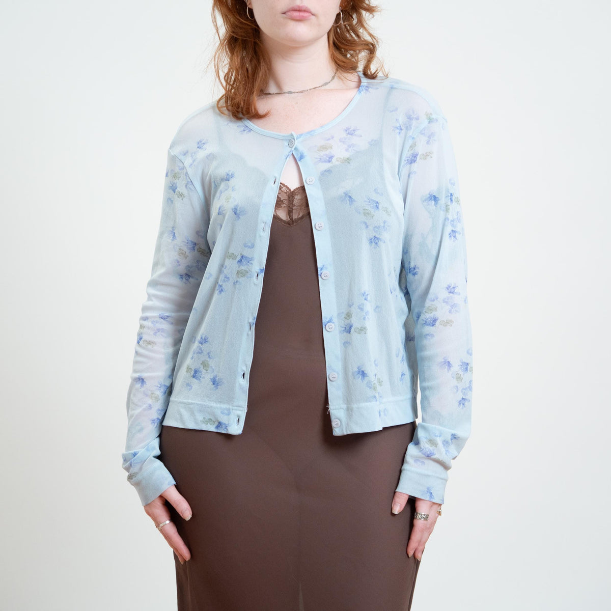 Vintage 90s Sheer Baby Blue Floral Cardigan Top - Large | Lightweight Mesh Button Up Shirt