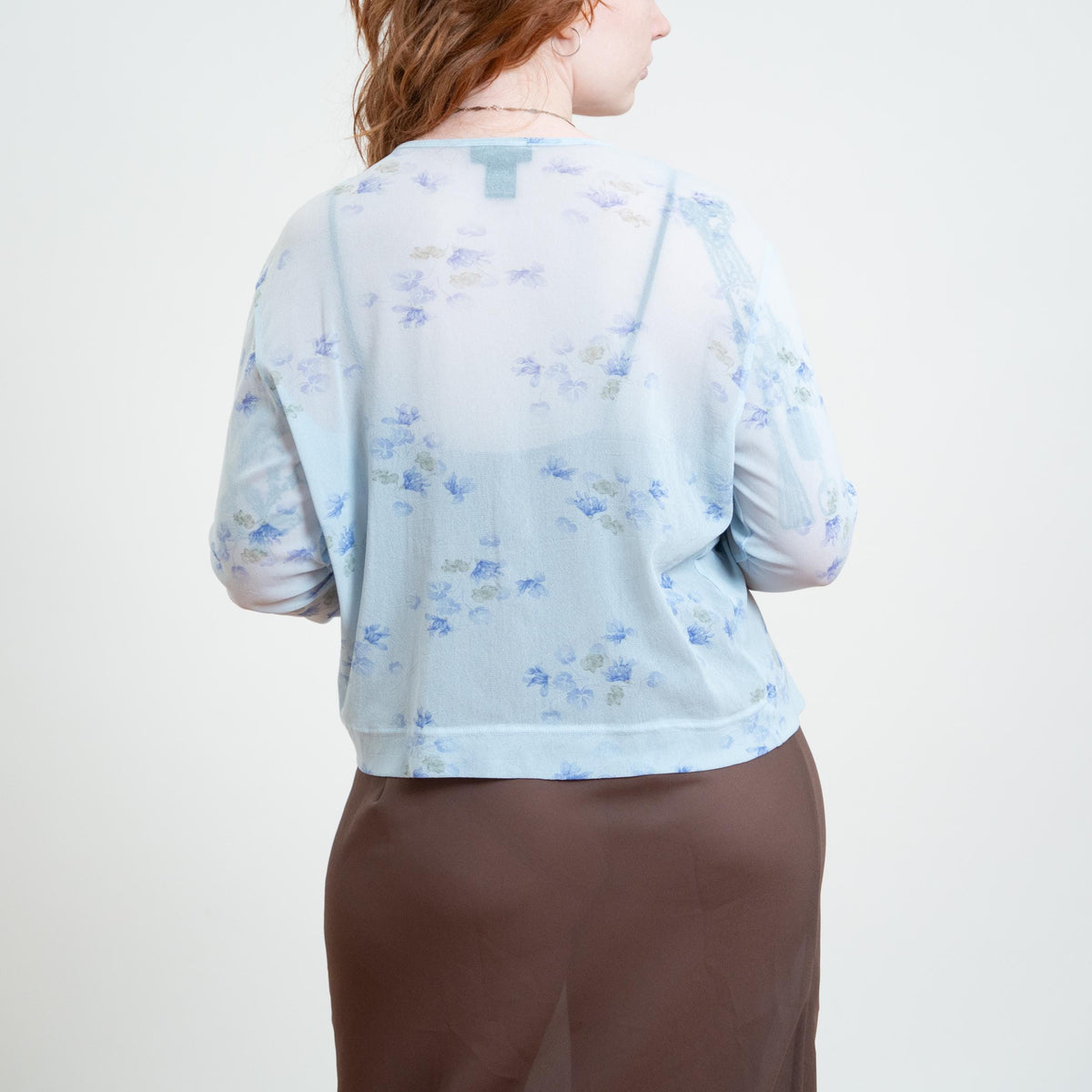 Vintage 90s Sheer Baby Blue Floral Cardigan Top - Large | Lightweight Mesh Button Up Shirt