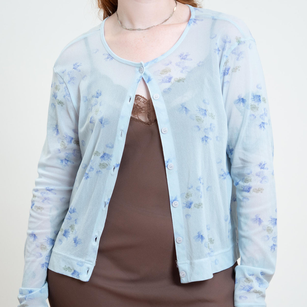 Vintage 90s Sheer Baby Blue Floral Cardigan Top - Large | Lightweight Mesh Button Up Shirt