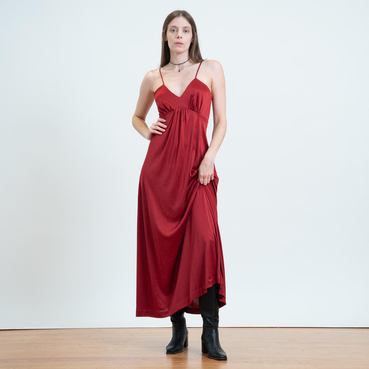 Vintage 70s Wine Red Maxi Party Dress - Small | Boho Spaghetti Strap Grecian Disco Dress