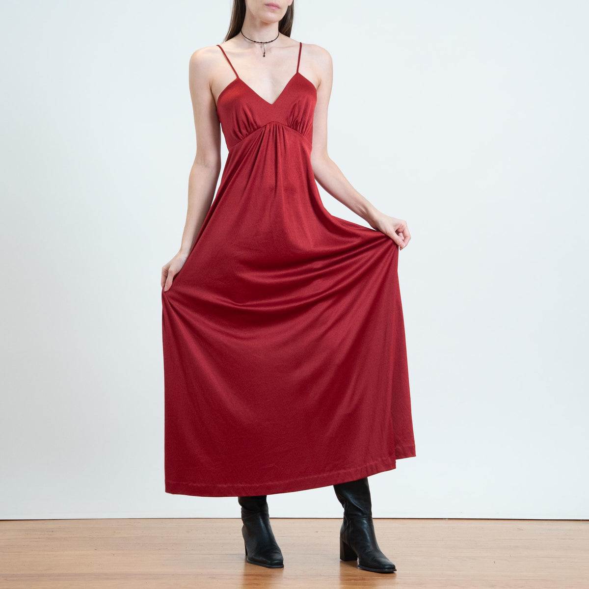 Vintage 70s Wine Red Maxi Party Dress - Small | Boho Spaghetti Strap Grecian Disco Dress