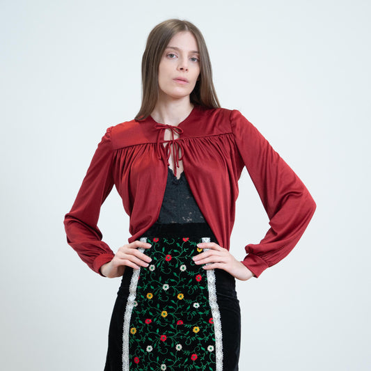Vintage 70s Wine Red Petal Hem Bolero - XS to Small | Boho Tie Front Crop Top