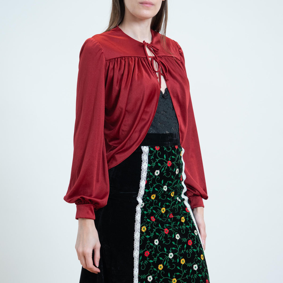 Vintage 70s Wine Red Petal Hem Bolero - XS to Small | Boho Tie Front Crop Top