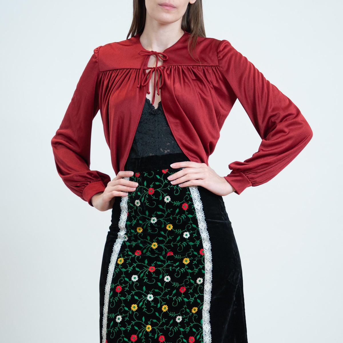 Vintage 70s Wine Red Petal Hem Bolero - XS to Small | Boho Tie Front Crop Top