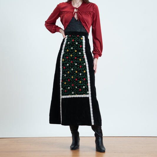 Vintage 70s Black Velvet Embroidered Floral Maxi Skirt - Extra Small, 24" Waist | Boho Folk Prairie Skirt