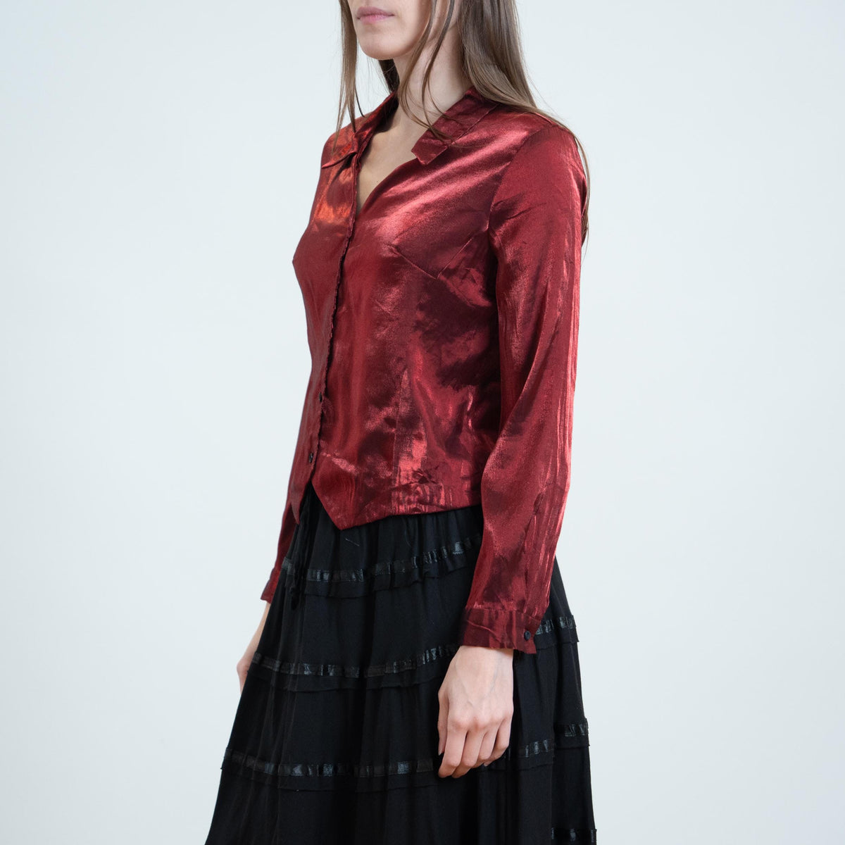 Vintage 90s Blood Red Metallic Satin Blouse - Petite Medium | Button Up Long Sleeve Collared Shirt