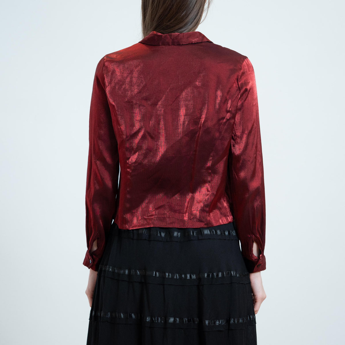 Vintage 90s Blood Red Metallic Satin Blouse - Petite Medium | Button Up Long Sleeve Collared Shirt