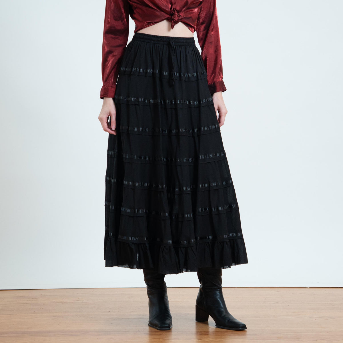 Vintage 90s Black Tiered Broomstick Maxi Skirt - Small to Medium | Witchy Boho Festival Skirt