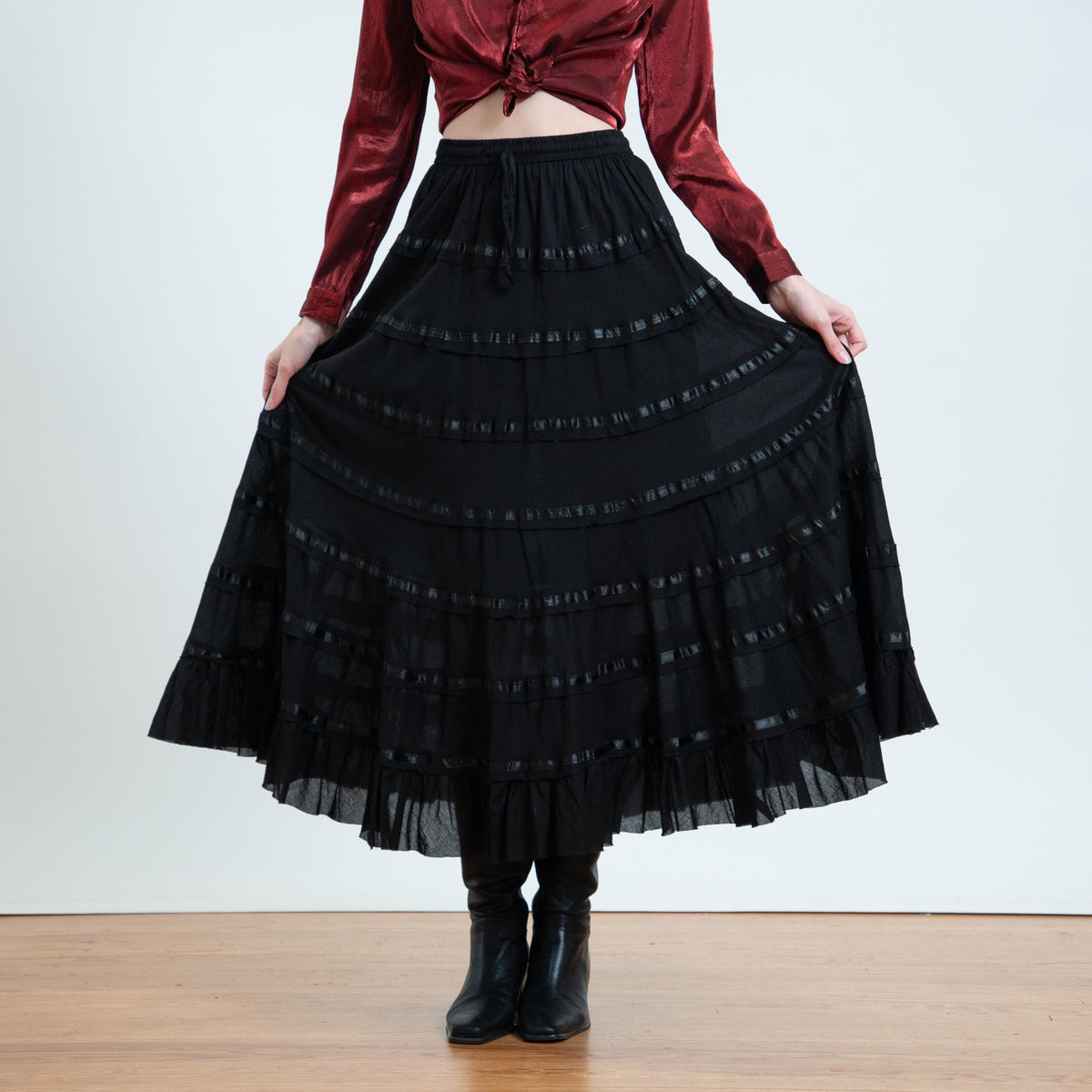 Vintage 90s Black Tiered Broomstick Maxi Skirt - Small to Medium | Witchy Boho Festival Skirt