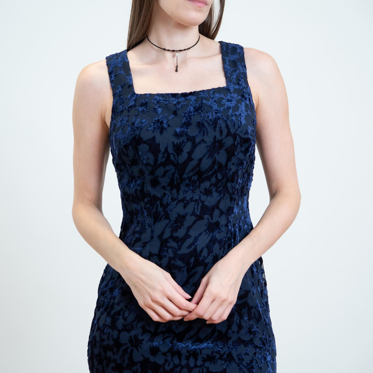 Vintage 90s Midnight Blue Velvet Devore Floral Mini Dress - Small | Square Neck Sleeveless Sheath Cocktail Party Dress