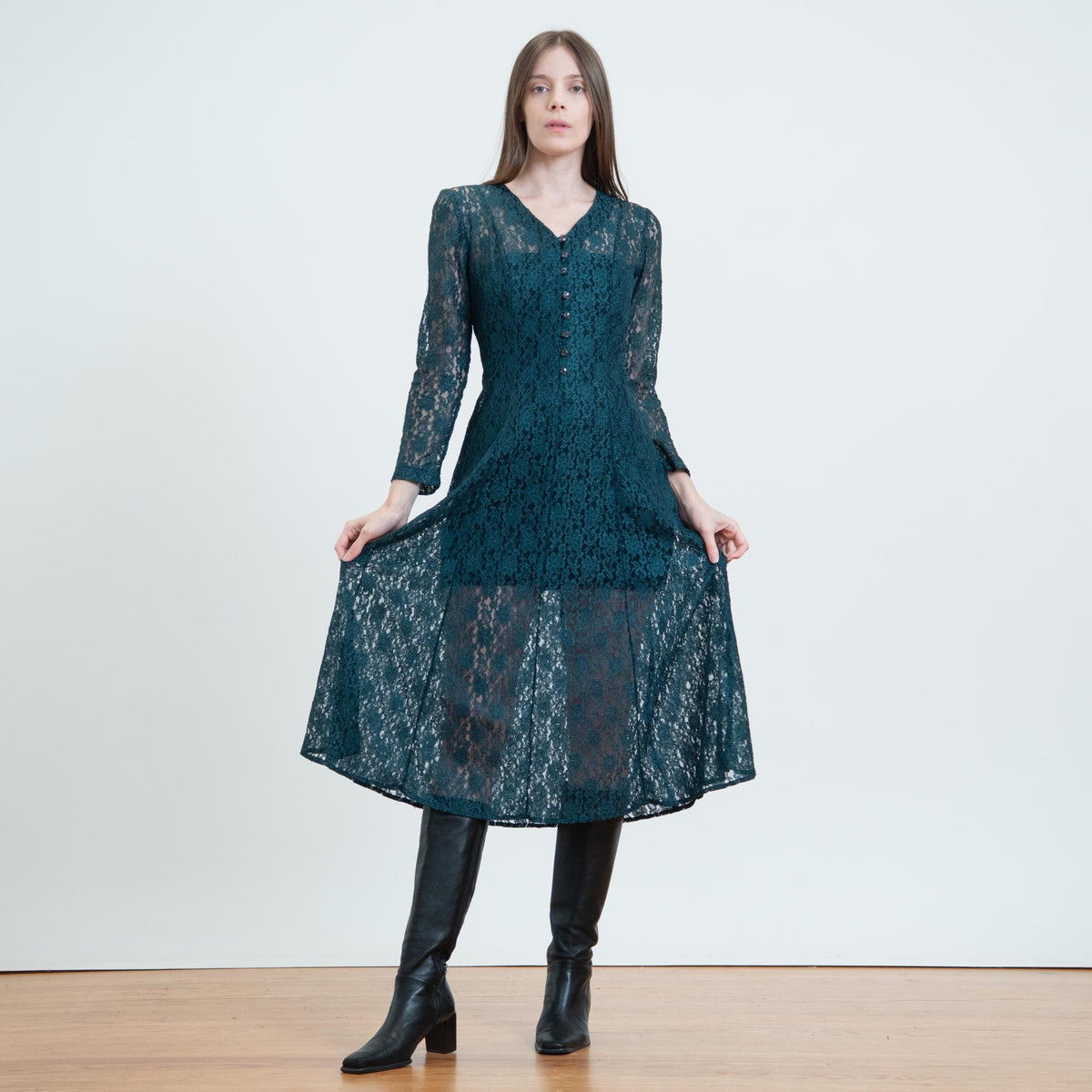 Vintage 90s Emerald Green Sheer Lace Midi Dress - Small | Long Sleeve Corset Tie Back Dress