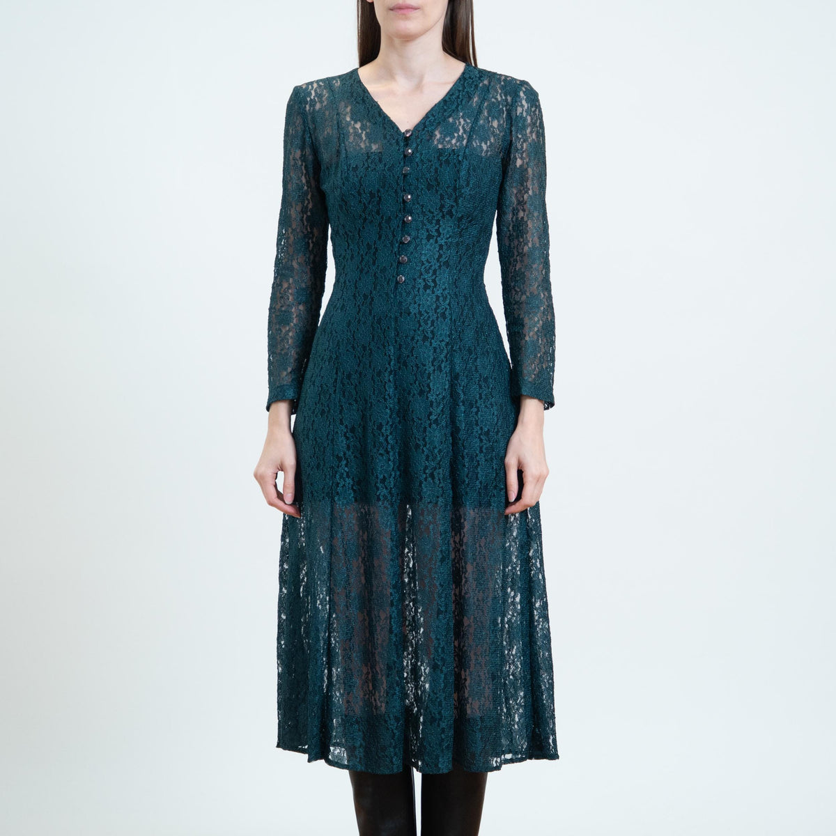 Vintage 90s Emerald Green Sheer Lace Midi Dress - Small | Long Sleeve Corset Tie Back Dress