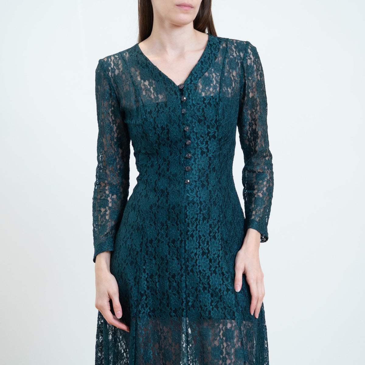 Vintage 90s Emerald Green Sheer Lace Midi Dress - Small | Long Sleeve Corset Tie Back Dress