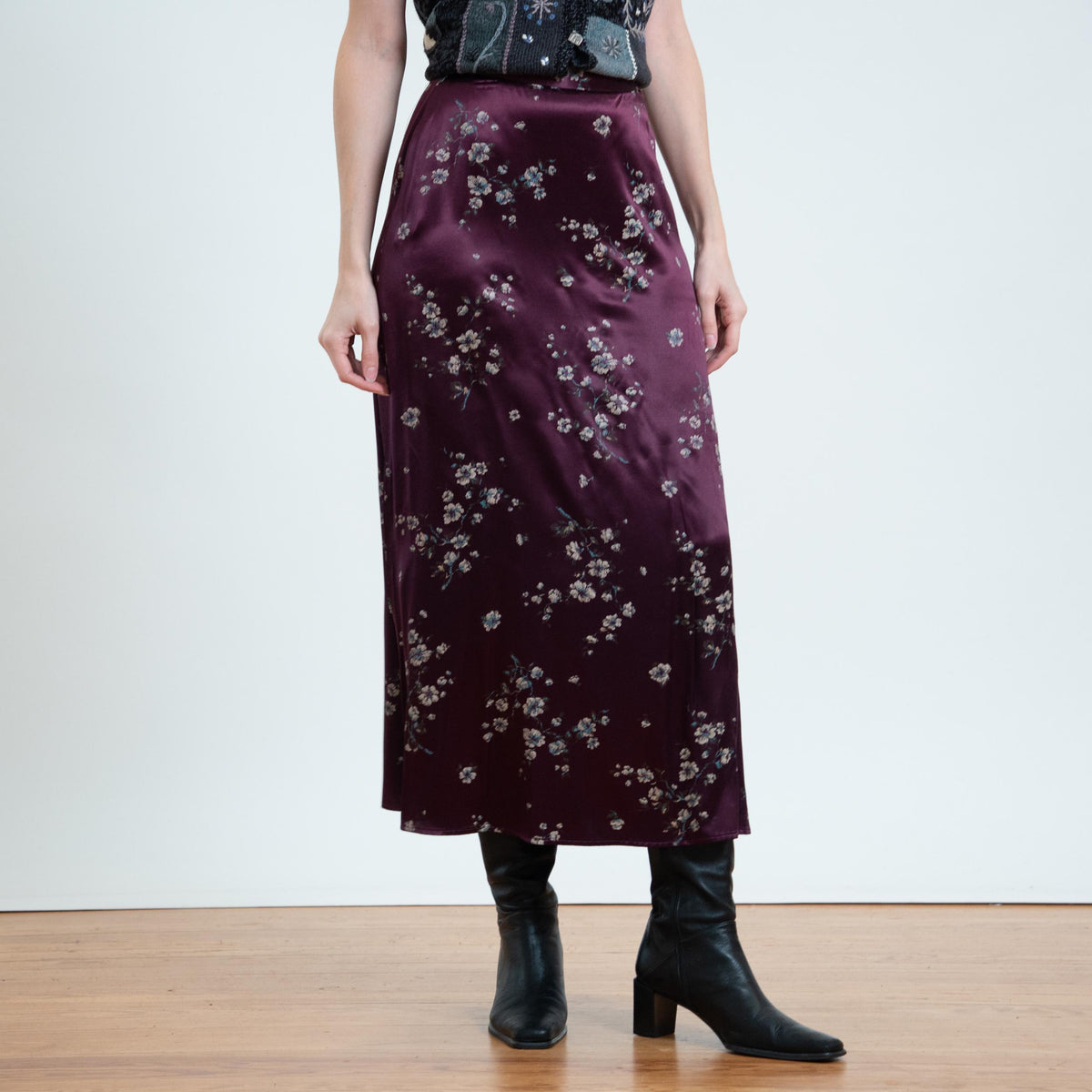 Vintage 90s Plum Purple Satin Floral Maxi Skirt - Small, 26” Waist | Boho High Waisted Long Skirt