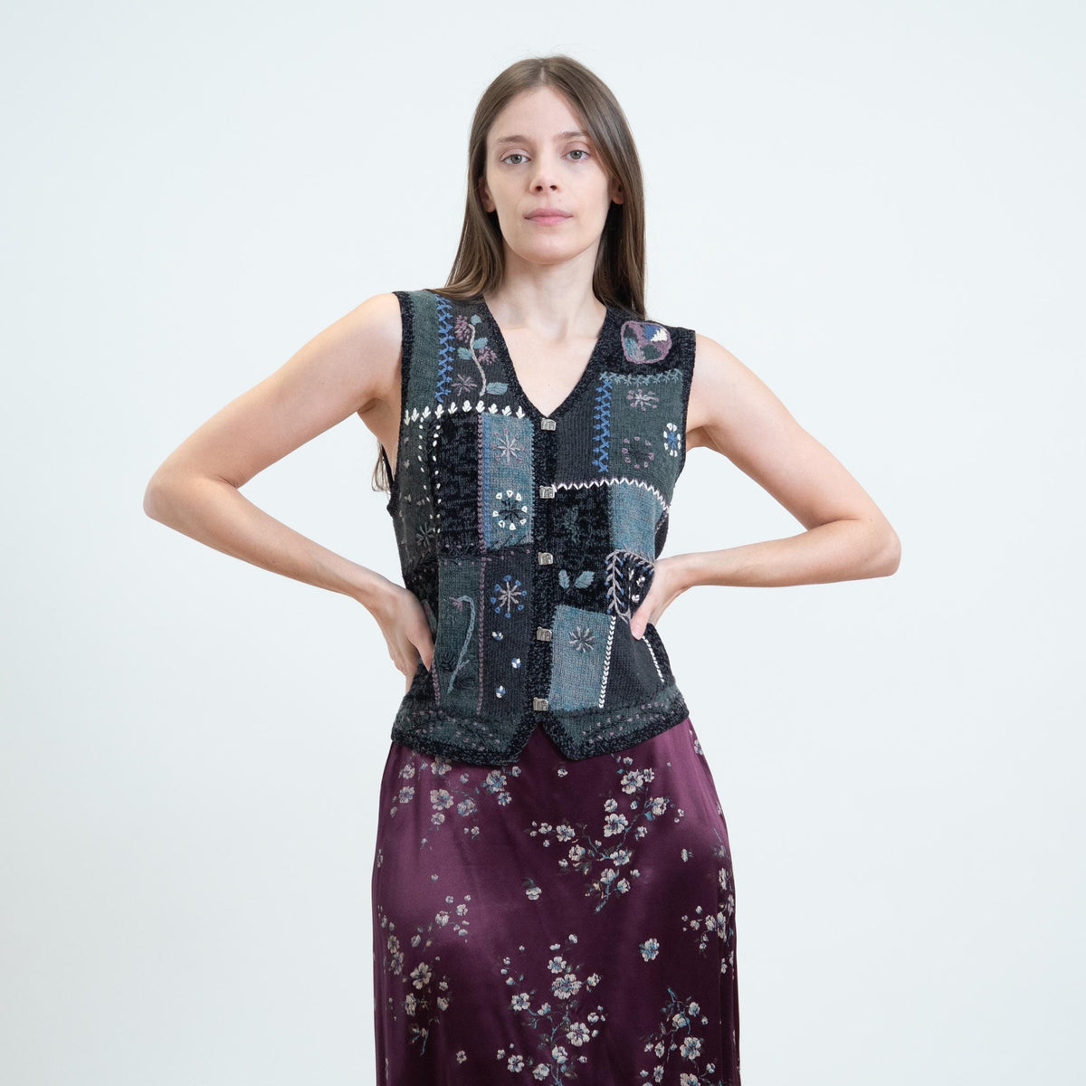 Vintage 90s Whimsigoth Embroidered Patchwork Knit Vest - Small | Boho Floral Button Up Sleeveless Novelty Top