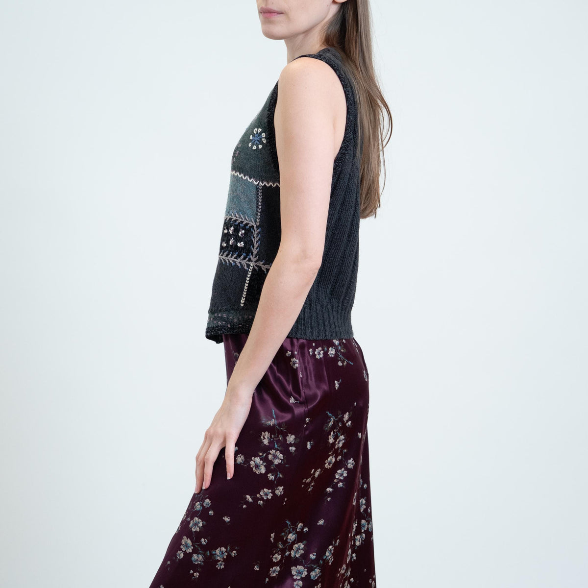 Vintage 90s Whimsigoth Embroidered Patchwork Knit Vest - Small | Boho Floral Button Up Sleeveless Novelty Top