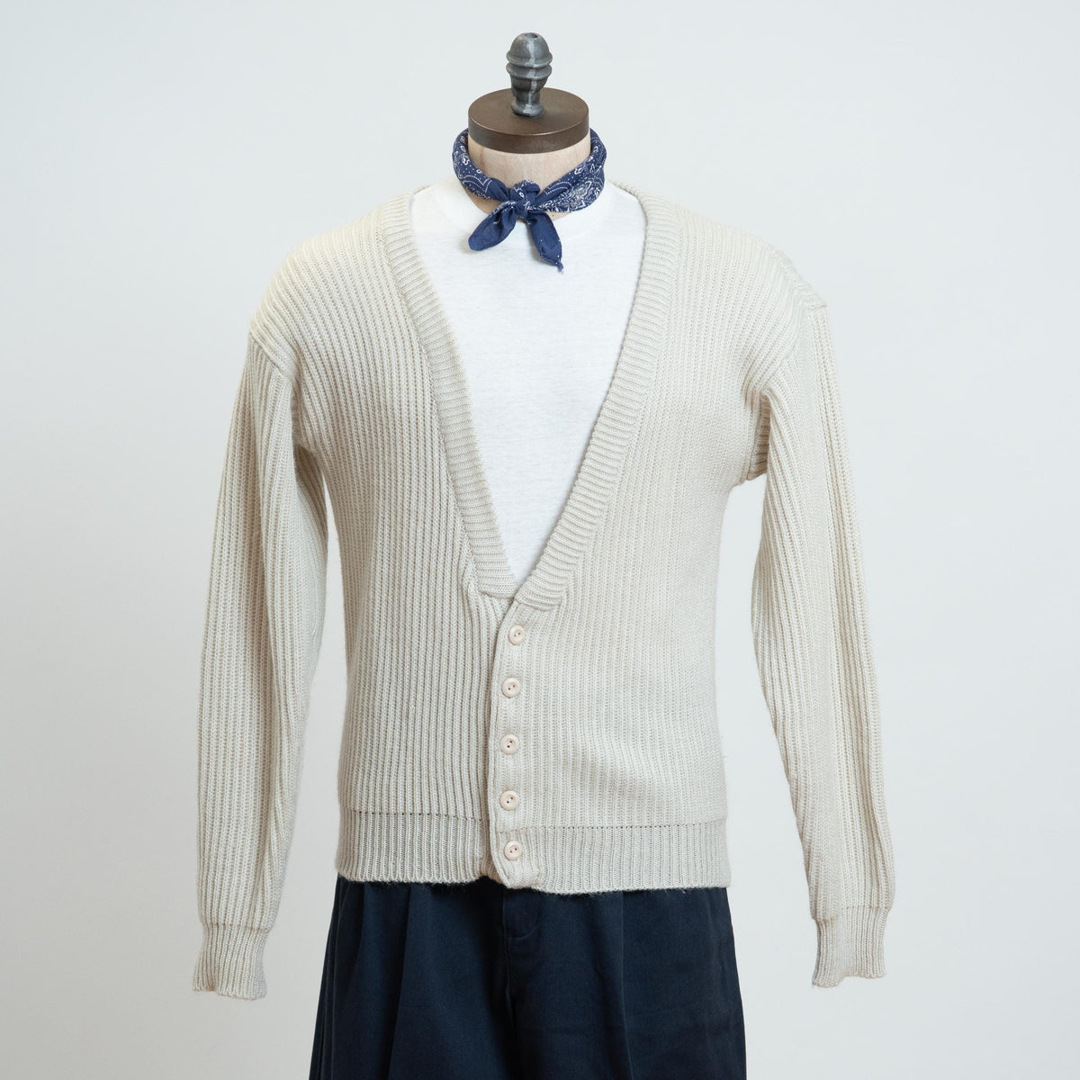 Vintage 80s Beige Knit V-Neck Cardigan - Medium | Ribbed Button Up Sweater