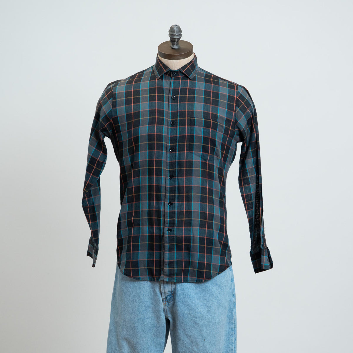Vintage 90s Le Tigre Plaid Long Sleeve Shirt - Medium | Blue Button Up Long Collared Top