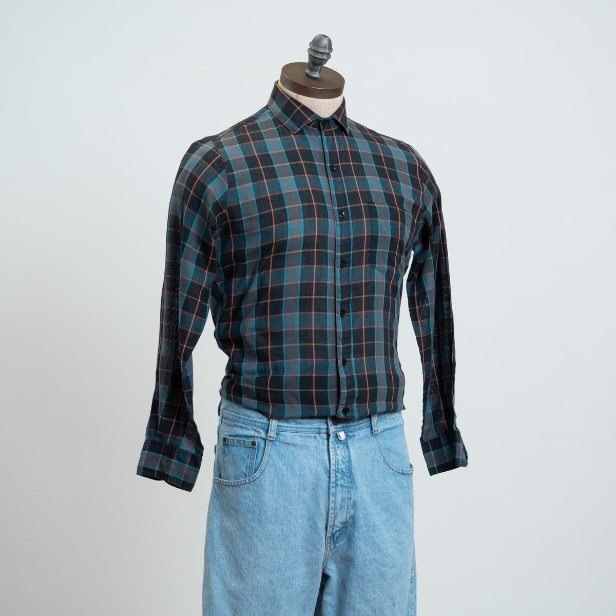 Vintage 90s Le Tigre Plaid Long Sleeve Shirt - Medium | Blue Button Up Long Collared Top