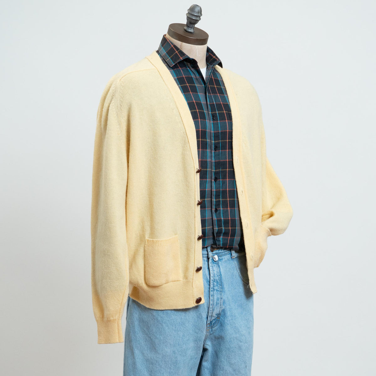 Vintage 90s L.L. Bean Butter Yellow Lambswool Cardigan - Large | Wool Knit Lightweight Button Up Sweater