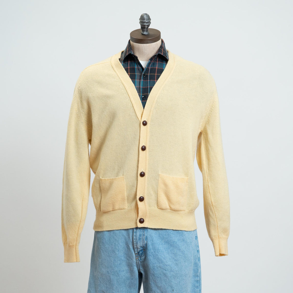 Vintage 90s L.L. Bean Butter Yellow Lambswool Cardigan - Large | Wool Knit Lightweight Button Up Sweater