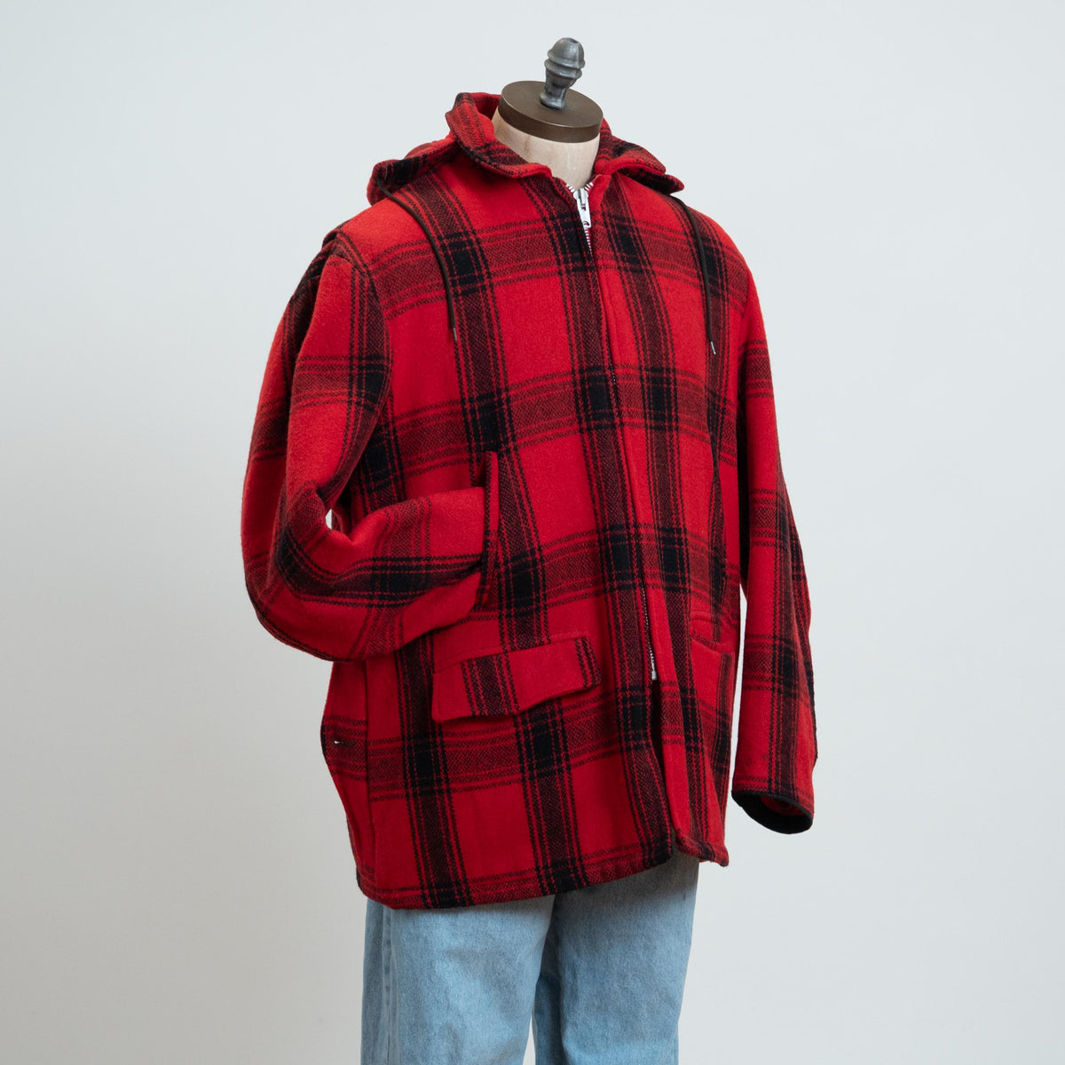 Vintage 60s Buffalo Plaid Wool Hunting Jacket - Extra Large, 46 | Red & Black Hooded Winter Coat