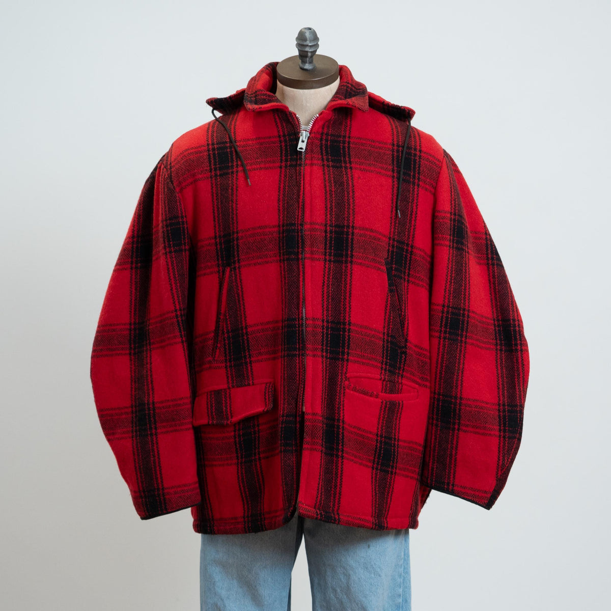 Vintage 60s Buffalo Plaid Wool Hunting Jacket - Extra Large, 46 | Red & Black Hooded Winter Coat