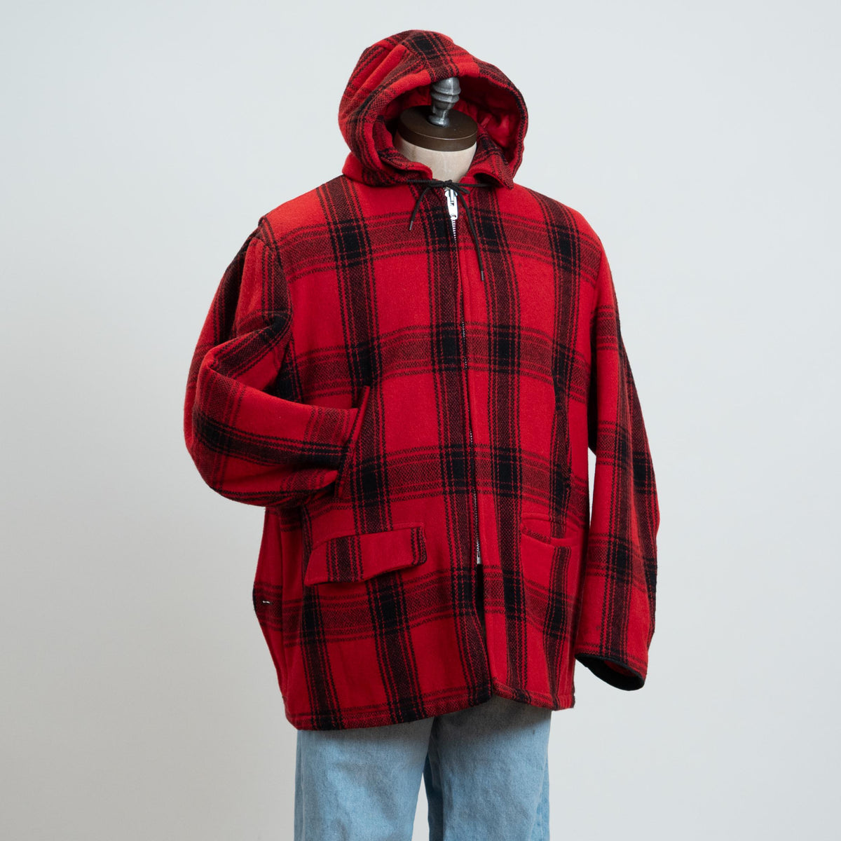 Vintage 60s Buffalo Plaid Wool Hunting Jacket - Extra Large, 46 | Red & Black Hooded Winter Coat